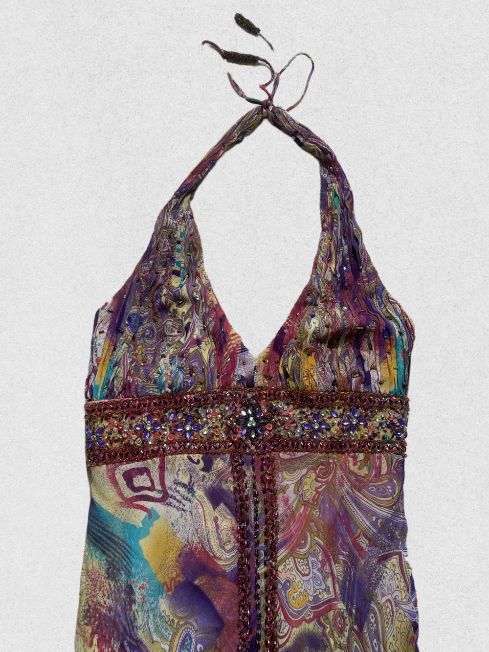 Y2K Sue Wong Paisley Print Halter Maxi Dress with Beaded Waist - Picture 4 of 10